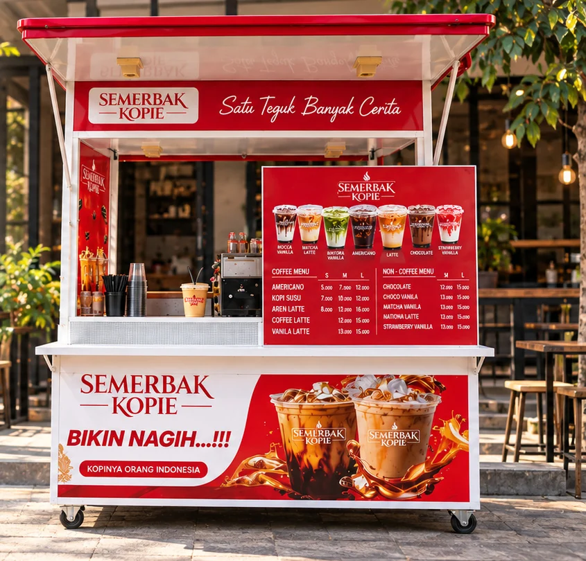Gerobak Semerbak Kopie dengan papan menu dan banner Bikin Nagih