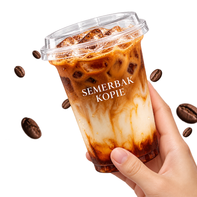 Tangan memegang es Aren Latte Semerbak Kopie dengan biji kopi